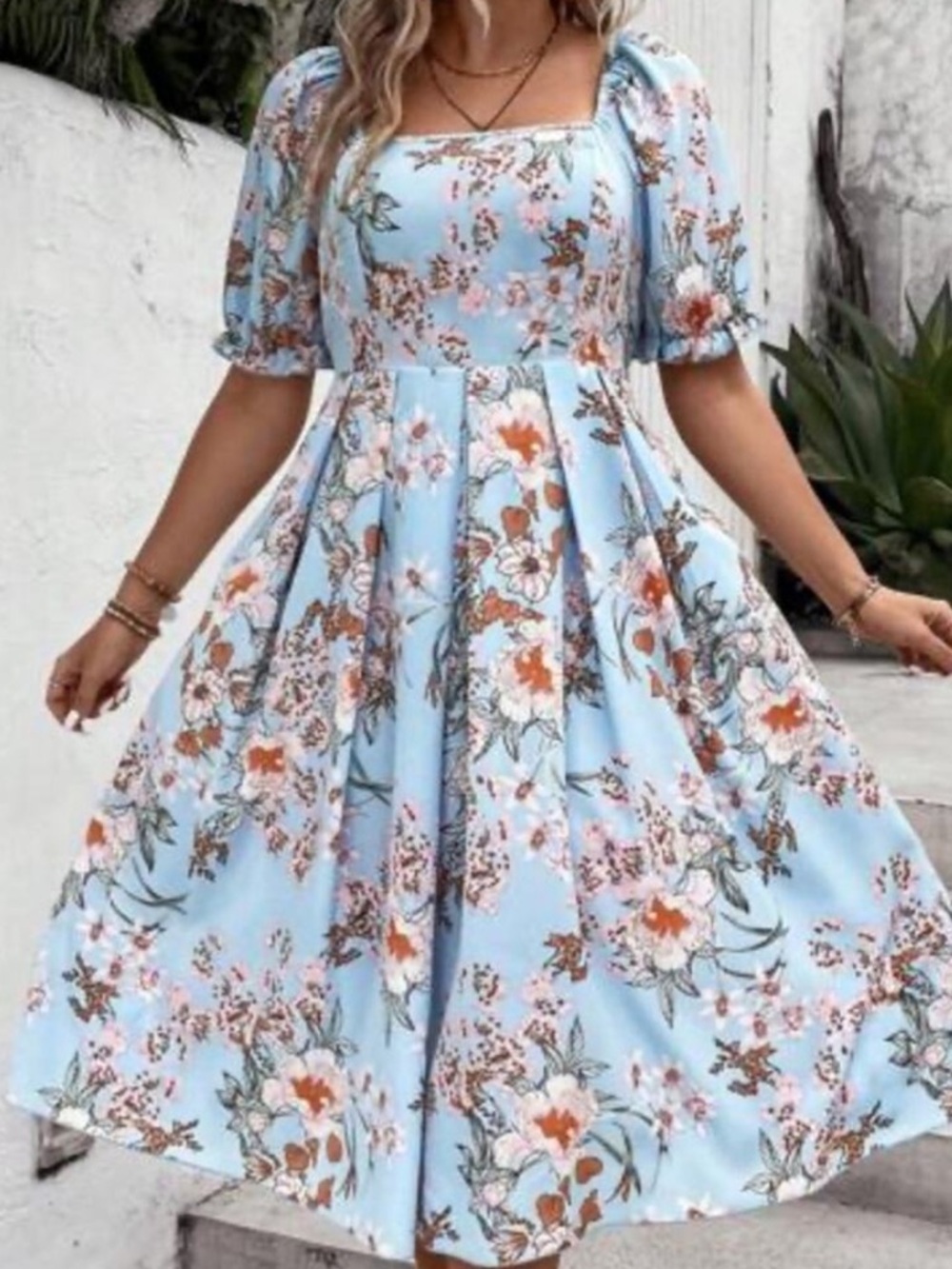 Bella Floral Square-Neck Midi Dress - Light Blue